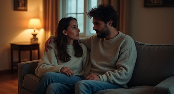 Een vrouw en man zitten dichtbij elkaar op een versleten bank. Een vrouw en man zitten dichtbij elkaar op een versleten bank