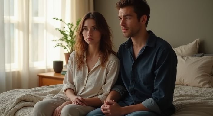 Een man en vrouw zitten samen op een bed, in een intieme sfeer. Een man en vrouw zitten samen op een bed, in een intieme sfeer