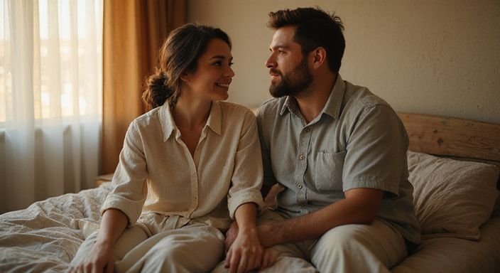 Een koppel deelt een intiem moment op een bed. Een koppel deelt een intiem moment op een bed