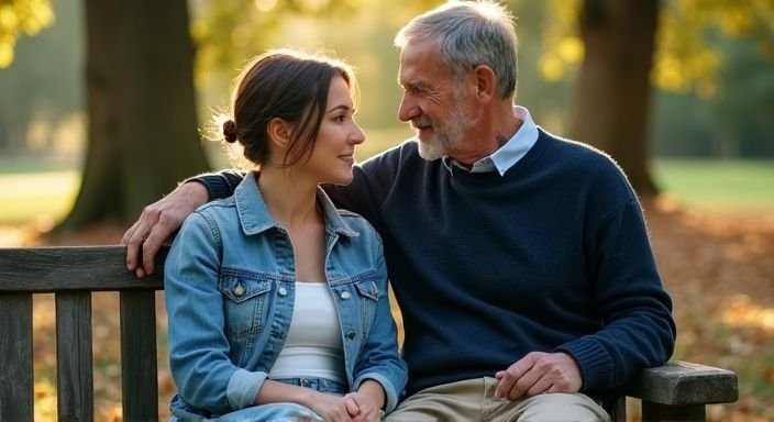 Een intieme conversatie tussen een man en vrouw op een parkbank. Een intieme conversatie tussen een man en vrouw op een parkbank