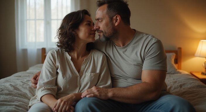 Een middelklein echtpaar zit dicht bij elkaar op een bed. Een middelklein echtpaar zit dicht bij elkaar op een bed