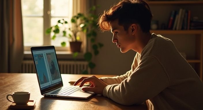 Een jongvolwassene vergelijkt datingwebsites aan een houten bureau