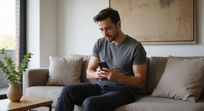 Een man zit ontspannen op een bank en bekijkt een dating app