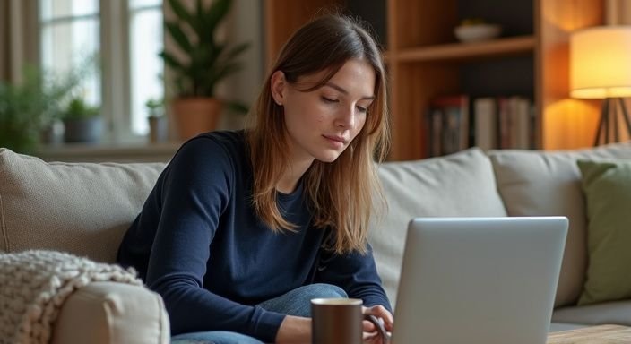 Een vrouw zit ontspannen op de bank en kijkt naar haar laptop