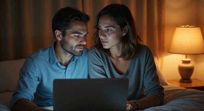 Een man en vrouw zitten nauwkeurige gesprekken te voeren op een bed
