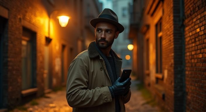 Een persoon in een trenchcoat staat ontspannen in een steegje