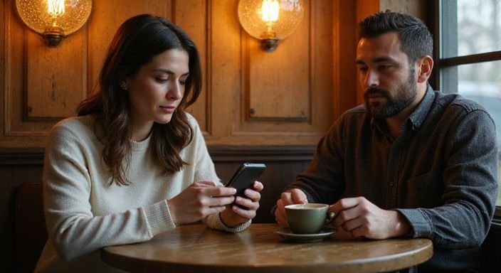 Een vrouw en een man zitten samen in een café