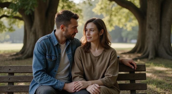 Een man en vrouw zitten intiem op een parkbank in de natuur en genieten van geheim sexcontact.