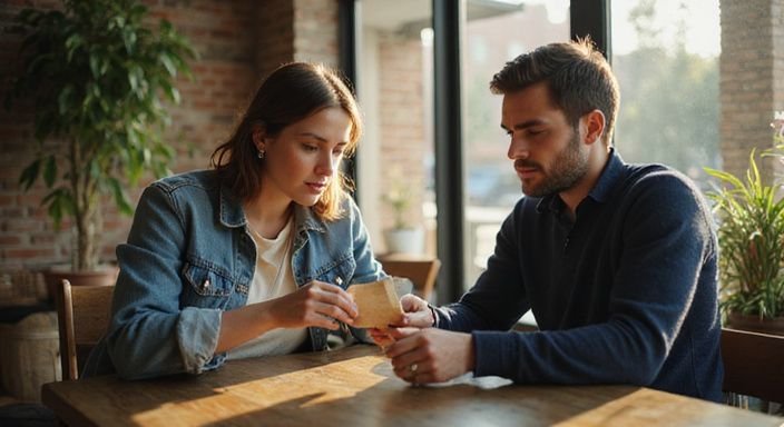 Een vrouw geeft een opgevouwen briefje aan een man in een café.