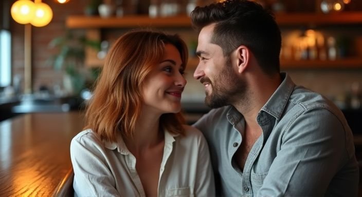 Een man en vrouw delen een intieme conversatie over geheim sexcontact aan de bar.