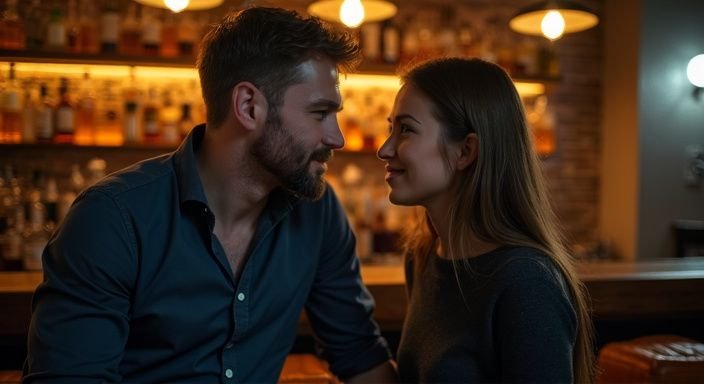 Een stel geniet van een intiem gesprek over geheim sexcontact aan de bar.