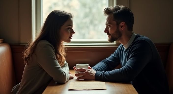 Een vrouw en man delen een intieme moment in een café.