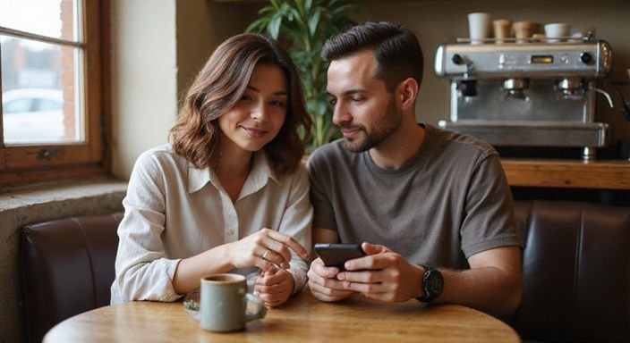 Een man en vrouw delen een intiem moment voor geheim sexcontact in een café.