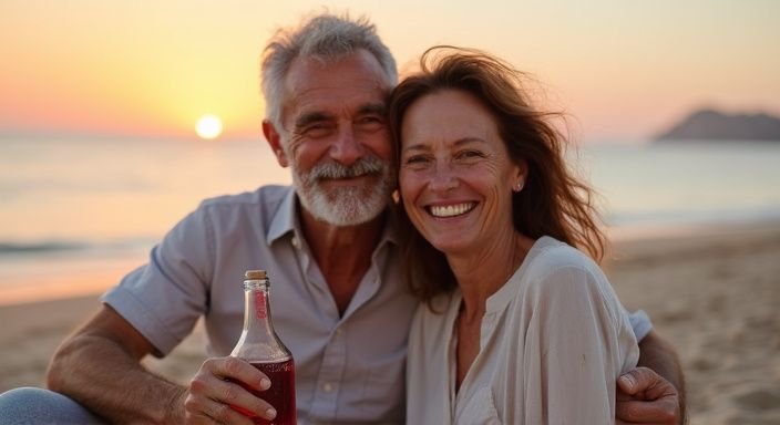 Een gelukkig stel geniet van wijn op het strand