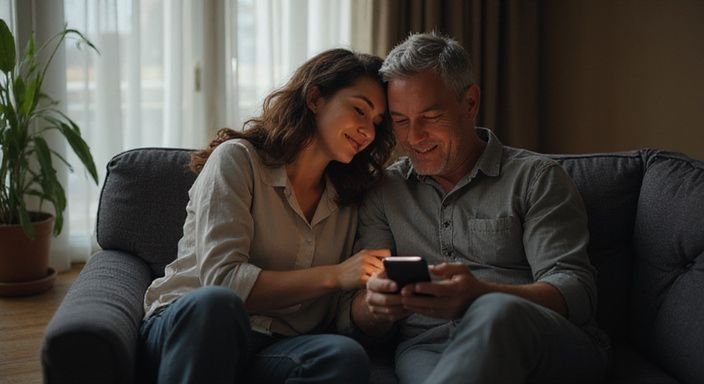 Een getrouwd stel zit samen op een bank en kijkt naar smartphones. Een getrouwd stel zit samen op een bank en kijkt naar smartphones op zoek naar geheime seksafspraakjes.