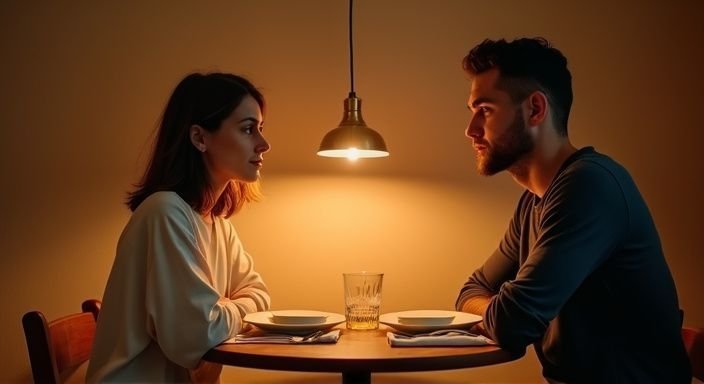 Een vrouw en man zitten aan een houten tafel, ontspannen en betrokken. Een vrouw en man zitten aan een houten tafel, ontspannen en betrokken.