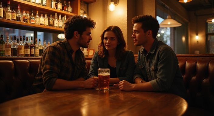 Groep jonge volwassenen in een bar, verdiept in gesprek. Groep jonge volwassenen in een bar, verdiept in gesprek over geheime seksafspraakjes.