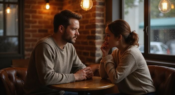 Een paar geniet van een intiem moment in een café. Een paar geniet van een intiem moment in een café.