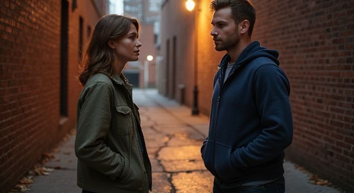 Een vrouw en man ontmoeten elkaar discreet in een smalle steeg. Een vrouw en man ontmoeten elkaar discreet in een smalle steeg en willen geheime seksafspraakjes.