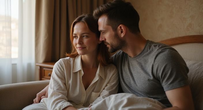Een man en vrouw zitten intiem samen op een sofa. Een man en vrouw zitten intiem samen op een sofa.