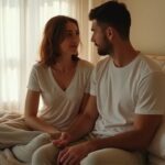 Een vrouw en man delen een intiem moment op een bed