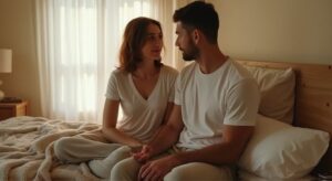 Een vrouw en man delen een intiem moment op een bed