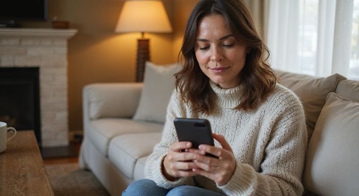Een vrouw in een comfortabele trui zit ontspannen op de bank.