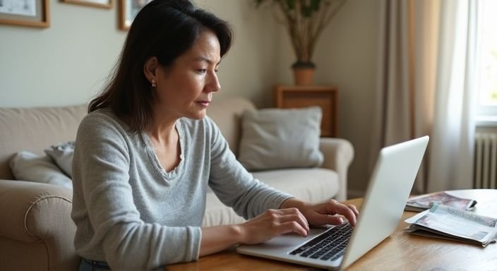 Een vrouw zoekt online naar huisvrouwen sexcontact aan tafel.