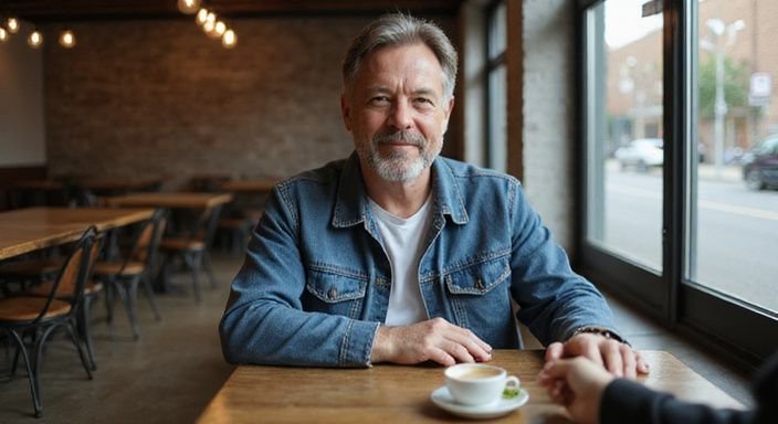 Een man in een café glimlacht vriendelijk terwijl hij een drankje afwijst.