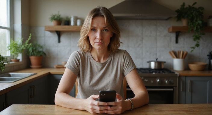 Een vrouw kijkt geconcentreerd naar haar smartphone aan de keukentafel.