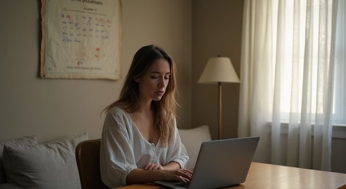 Een vrouw zit in haar slaapkamer, aarzelend op een datingwebsite voor huisvrouwen sexcontact.