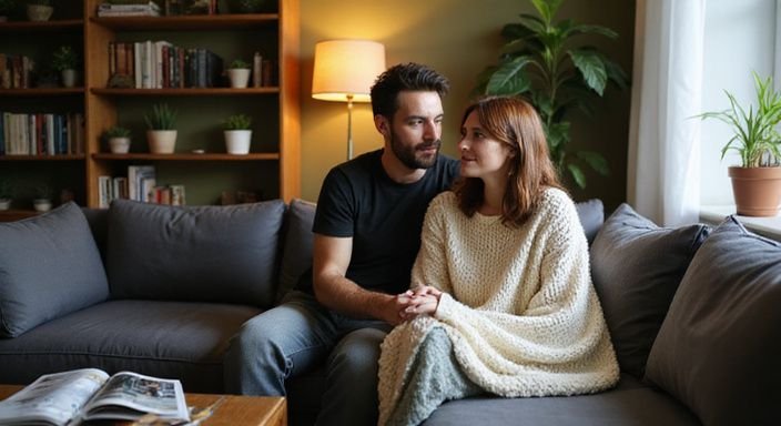 Een man en vrouw zitten intiem op een comfortabele bank.