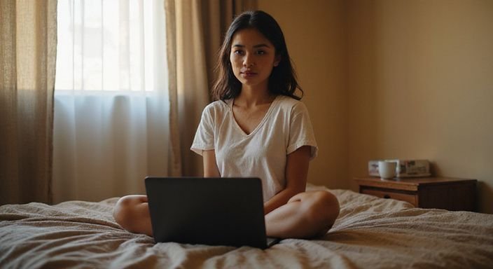 Een vrouw zit ontspannen op bed met een laptop voor zich. Een vrouw zit ontspannen op bed met een laptop voor zich