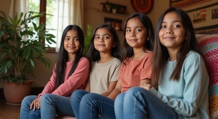 Een groep jonge meisjes zit ontspannen in een gezellige kamer. Een groep jonge meisjes zit ontspannen in een gezellige kamer
