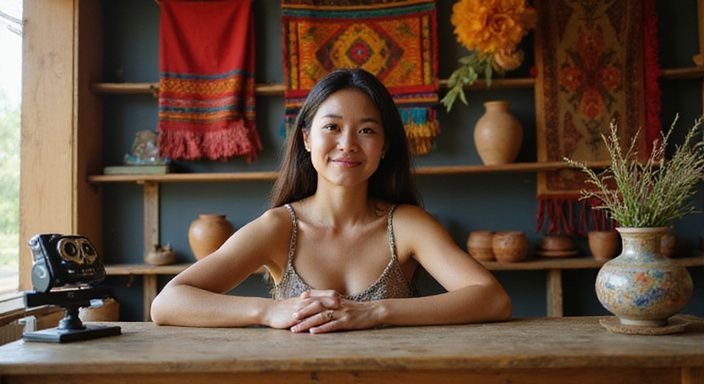 Een persoon poseert tevreden voor een kleurrijke, culturele streamingruimte. Een persoon poseert tevreden voor een kleurrijke, culturele streamingruimte