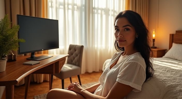 Een gezellige slaapkamer met persoonlijke spullen en een moderne monitor. Een gezellige slaapkamer met persoonlijke spullen en een moderne monitor