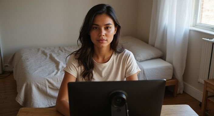 Een jonge vrouw werkt geconcentreerd aan haar computer aan een bureau. Een jonge vrouw werkt geconcentreerd aan haar computer aan een bureau