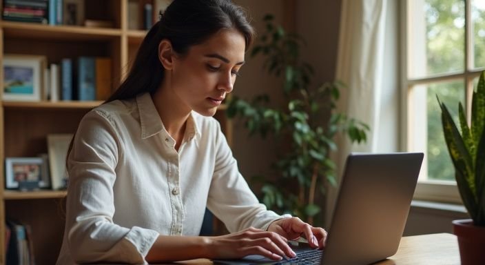 Een vrouw in een thuiswerkplek typend op haar laptop. Een vrouw in een thuiswerkplek typend op haar laptop