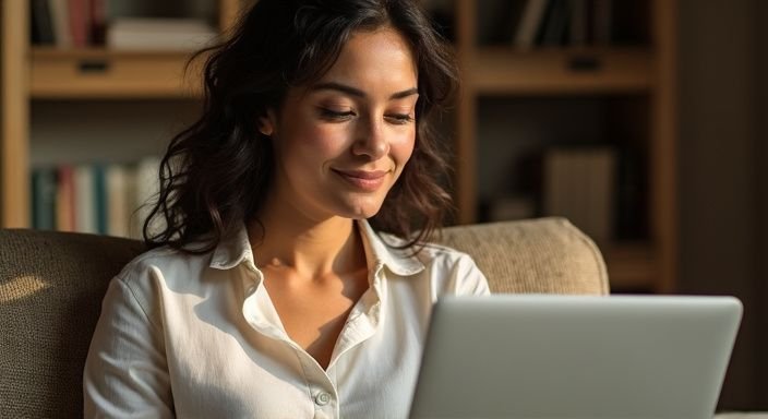 Een vrouw zit ontspannen in een gezellige woonkamer met een laptop. Een vrouw zit ontspannen in een gezellige woonkamer met een laptop
