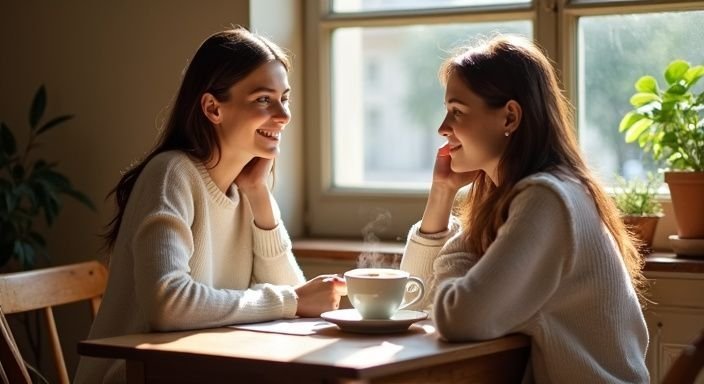 Twee vrouwen genieten van een intieme conversatie in een koffietent. Twee vrouwen genieten van een intieme conversatie in een koffietent.