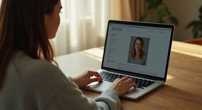 Een vrouw werkt geconcentreerd aan haar datingprofiel op een laptop. Een vrouw werkt geconcentreerd aan haar datingprofiel op een laptop.