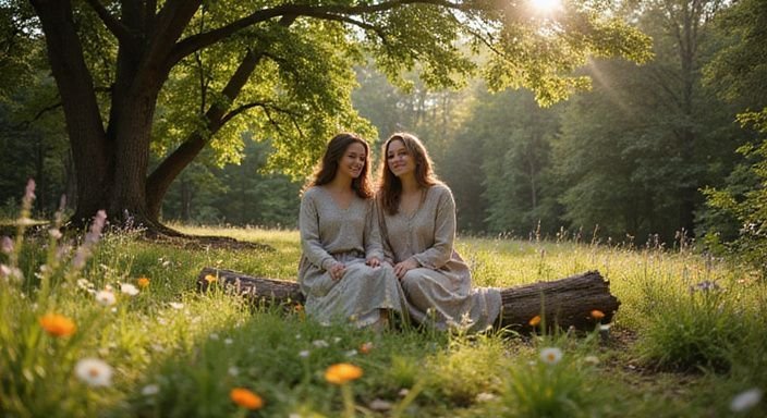 Twee vrouwen ontspannen in een serene bosruigte vol bloemen. Twee vrouwen ontspannen in een serene bosruigte vol bloemen.