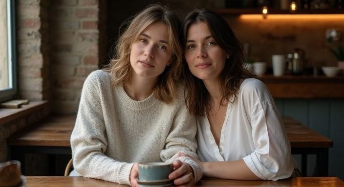 Twee vrouwen zitten dicht bij elkaar in een gezellige café. Twee vrouwen zitten dicht bij elkaar in een gezellige café en genieten van lesbische vrouwen sexdating.
