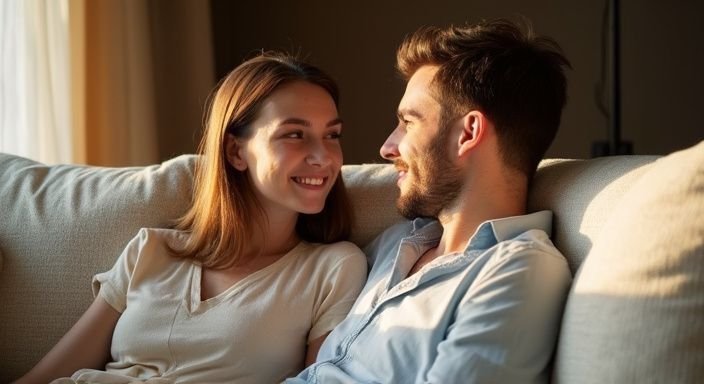 Een koppel geniet van een intiem moment op een sofa.