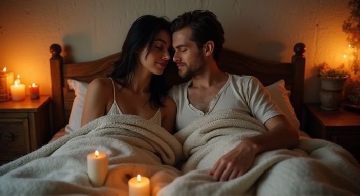 Een man en een vrouw zitten samen knus op een bed