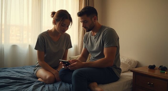 Een jong stel zit op een bed in een bescheiden slaapkamer en wil hun seksleven verbeteren.