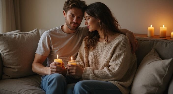 Een man en een vrouw genieten van een intieme avond thuis.