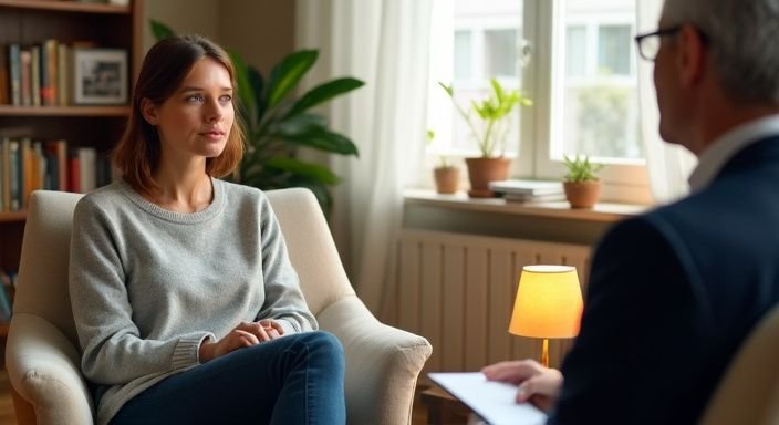 Een vrouw in gesprek met haar therapeut in een rustige omgeving.