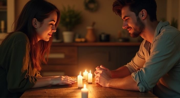 Een man en vrouw delen een intiem moment aan tafel.