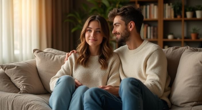Een jonge vrouw en man voeren een aandachtig gesprek op een sofa.